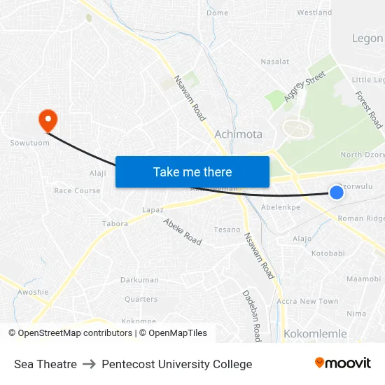 Sea Theatre to Pentecost University College map