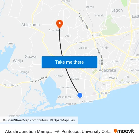 Akoshi Junction Mamprobi to Pentecost University College map