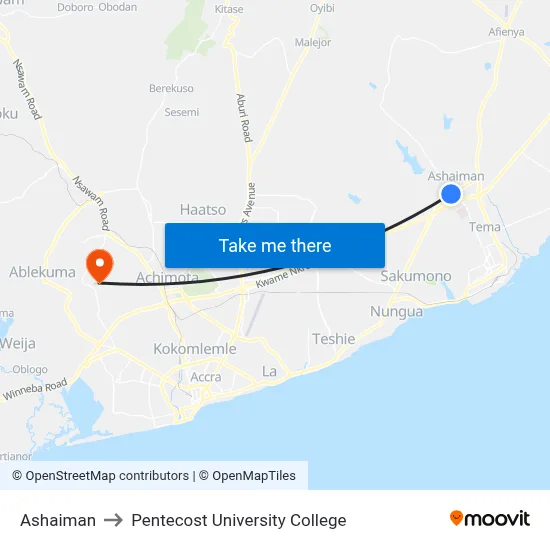 Ashaiman to Pentecost University College map