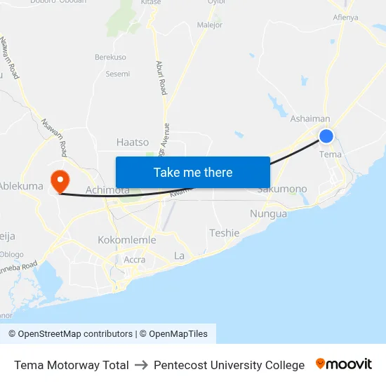 Tema Motorway Total to Pentecost University College map