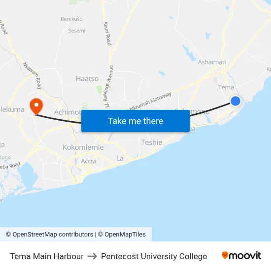 Tema Main Harbour to Pentecost University College map