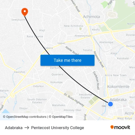 Adabraka to Pentecost University College map