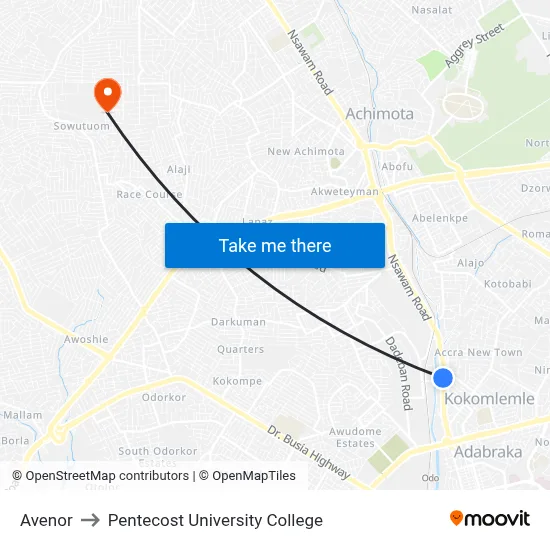 Avenor to Pentecost University College map