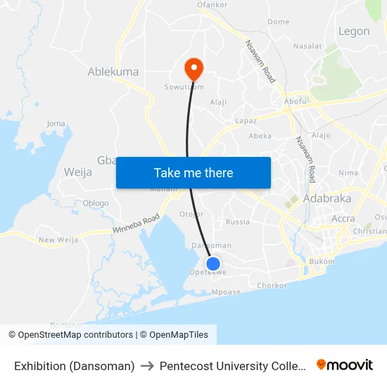 Exhibition (Dansoman) to Pentecost University College map