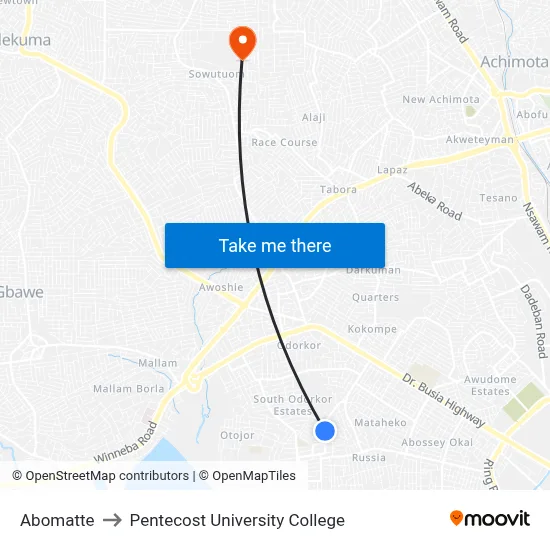 Abomatte to Pentecost University College map