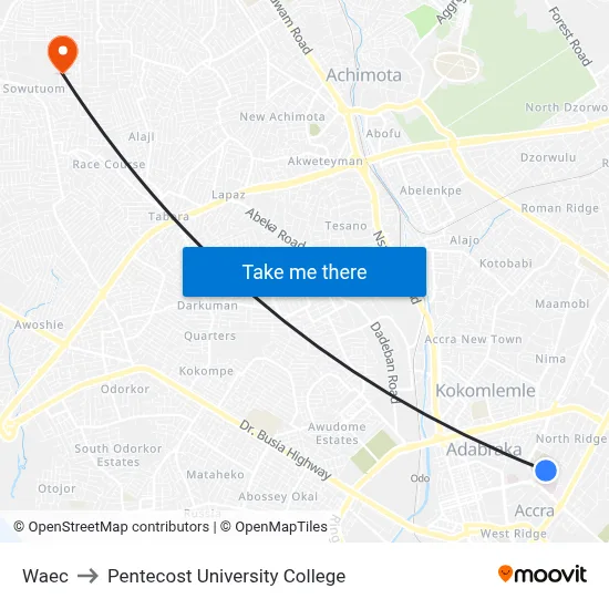 Waec to Pentecost University College map