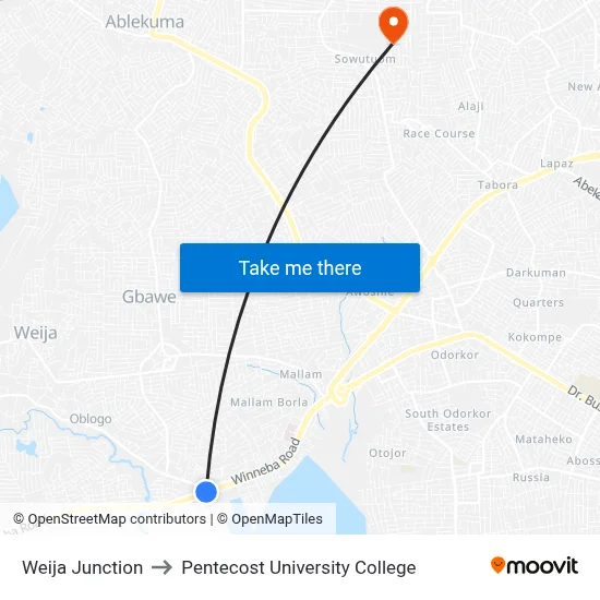 Weija Junction to Pentecost University College map