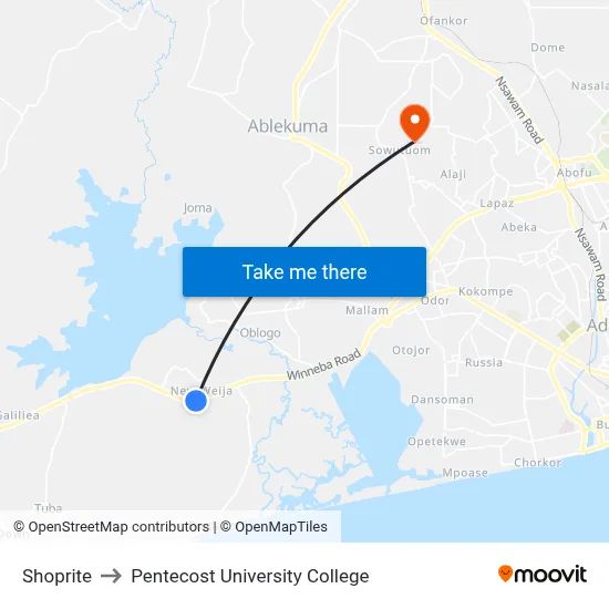 Shoprite to Pentecost University College map