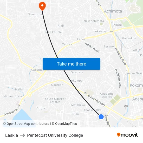 Laskia to Pentecost University College map