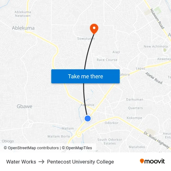 Water Works to Pentecost University College map