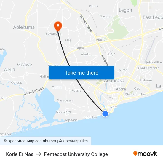 Korle Er Naa to Pentecost University College map
