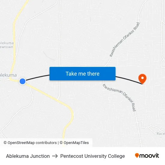 Ablekuma Junction to Pentecost University College map
