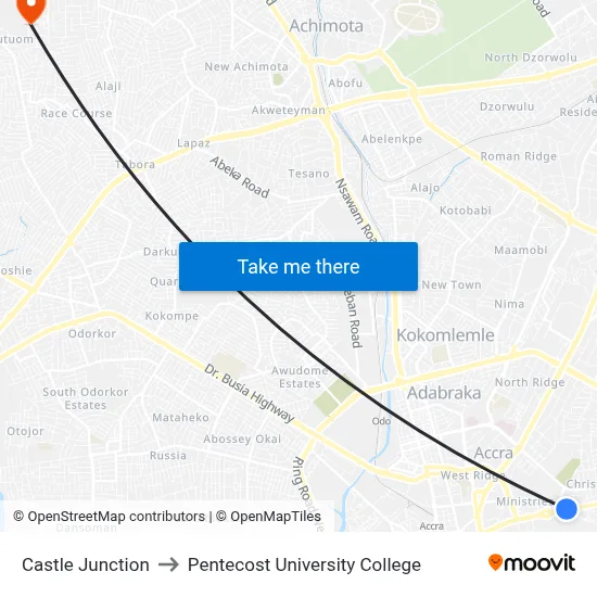 Castle Junction to Pentecost University College map