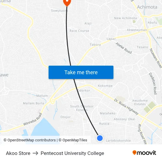 Akoo Store to Pentecost University College map