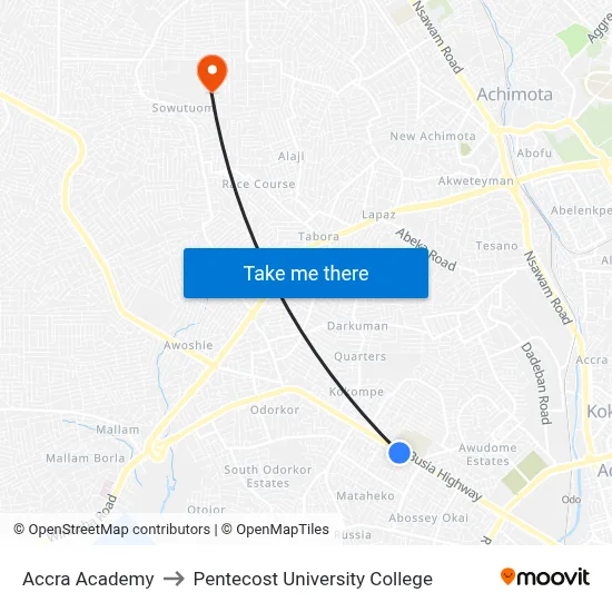 Accra Academy to Pentecost University College map