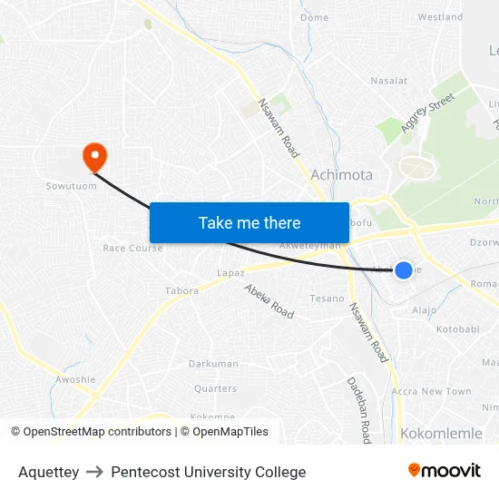 Aquettey to Pentecost University College map