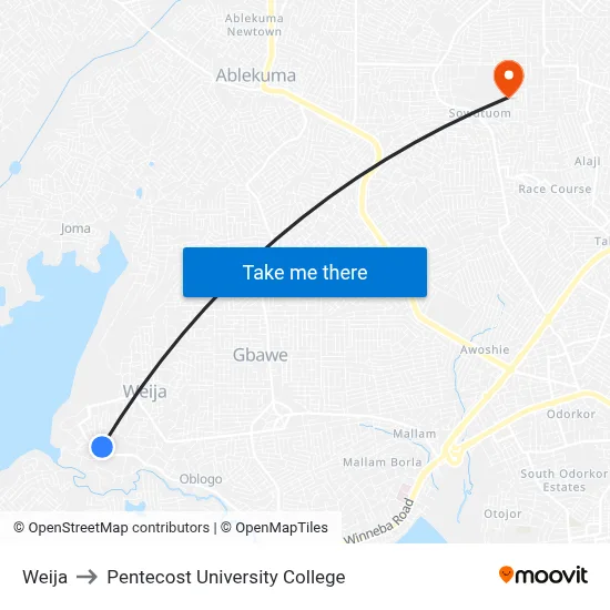 Weija to Pentecost University College map