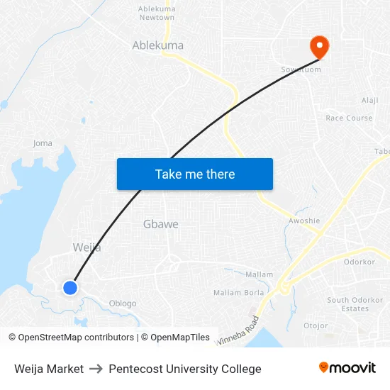 Weija Market to Pentecost University College map