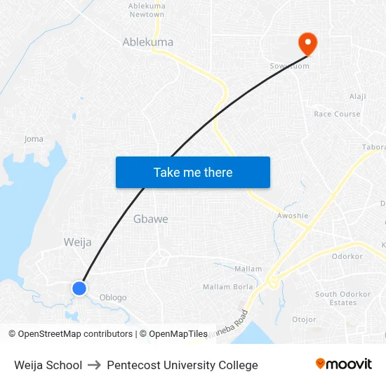 Weija School to Pentecost University College map