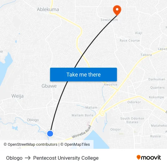 Oblogo to Pentecost University College map
