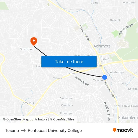 Tesano to Pentecost University College map