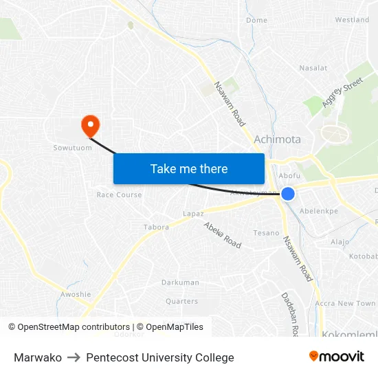 Marwako to Pentecost University College map