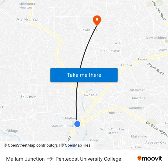 Mallam Junction to Pentecost University College map