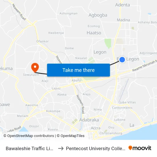 Bawaleshie Traffic Light to Pentecost University College map