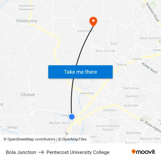 Bola Junction to Pentecost University College map