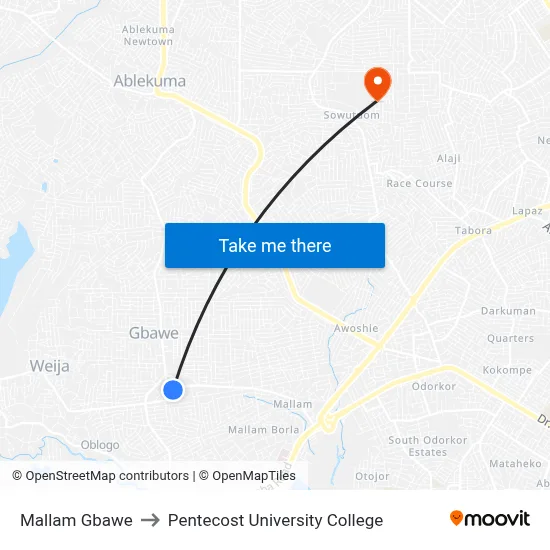 Mallam Gbawe to Pentecost University College map