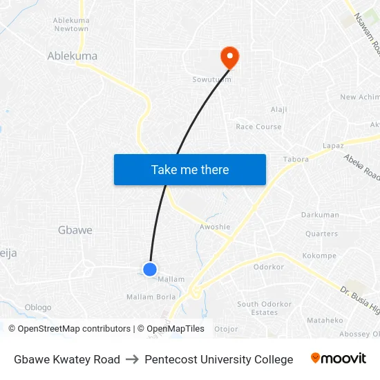 Gbawe Kwatey Road to Pentecost University College map