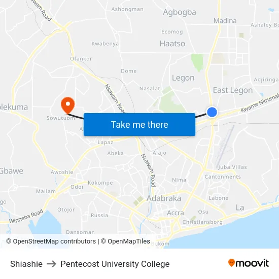 Shiashie to Pentecost University College map