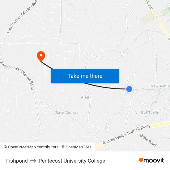 Fishpond to Pentecost University College map