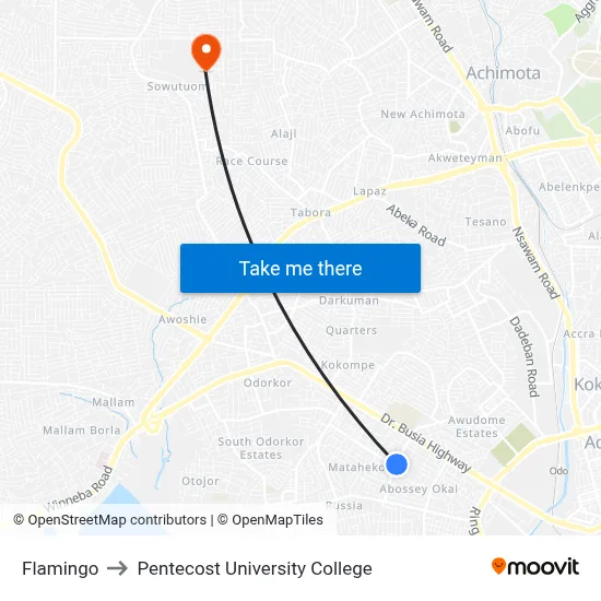 Flamingo to Pentecost University College map
