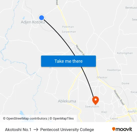 Akotoshi No.1 to Pentecost University College map