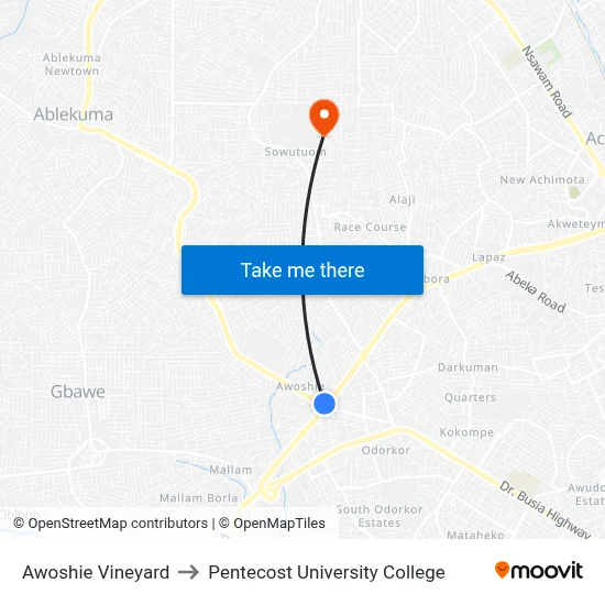 Awoshie Vineyard to Pentecost University College map