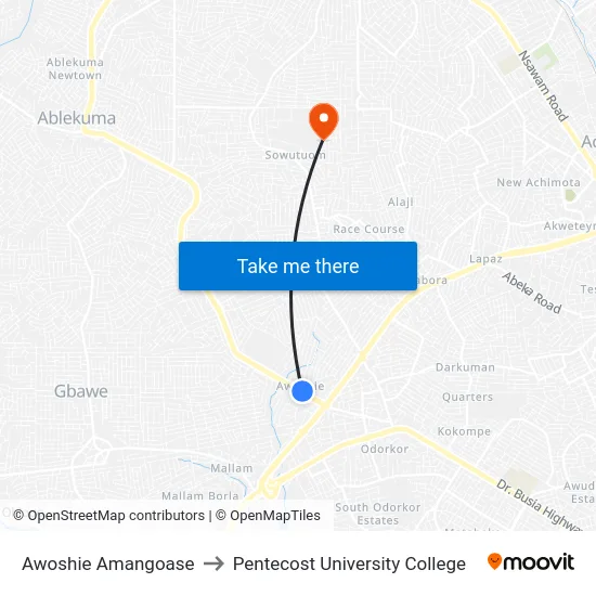 Awoshie Amangoase to Pentecost University College map