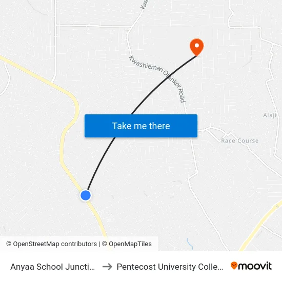 Anyaa School Junction to Pentecost University College map