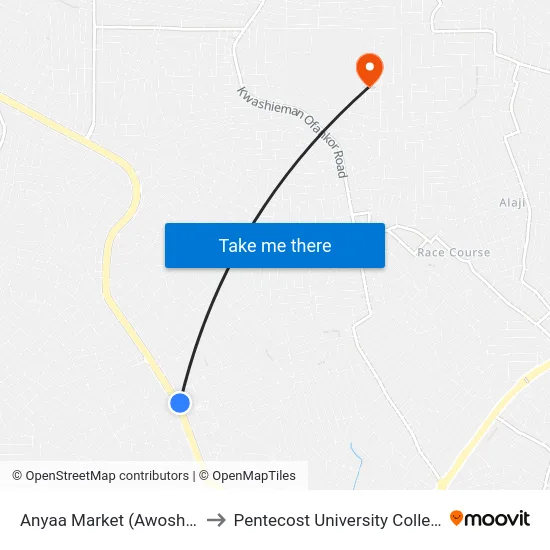 Anyaa Market (Awoshie) to Pentecost University College map