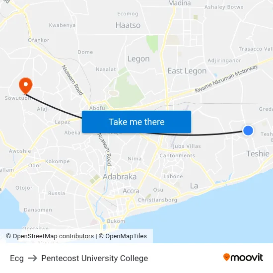 Ecg to Pentecost University College map