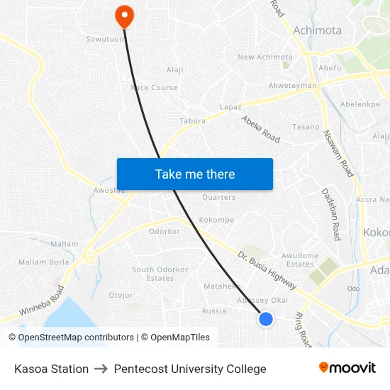 Kasoa Station to Pentecost University College map
