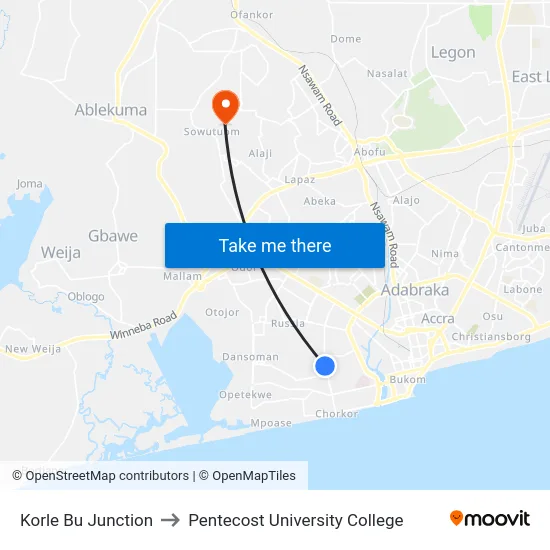 Korle Bu Junction to Pentecost University College map