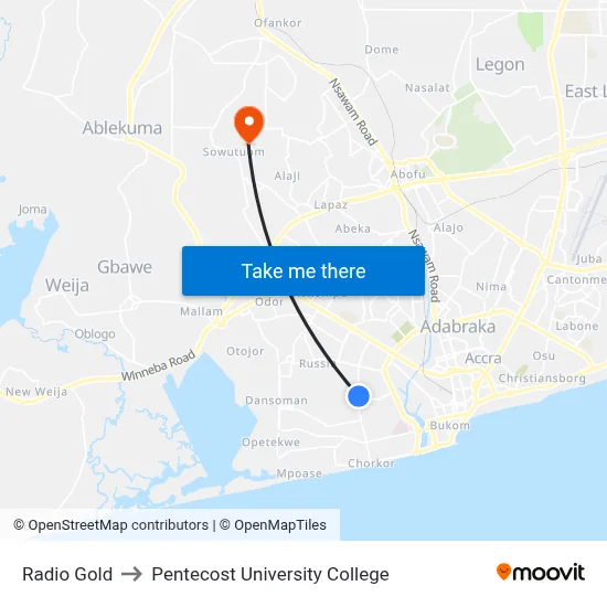 Radio Gold to Pentecost University College map