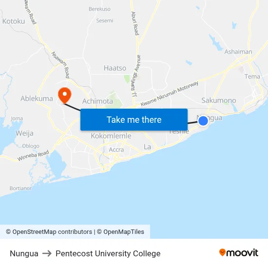 Nungua to Pentecost University College map