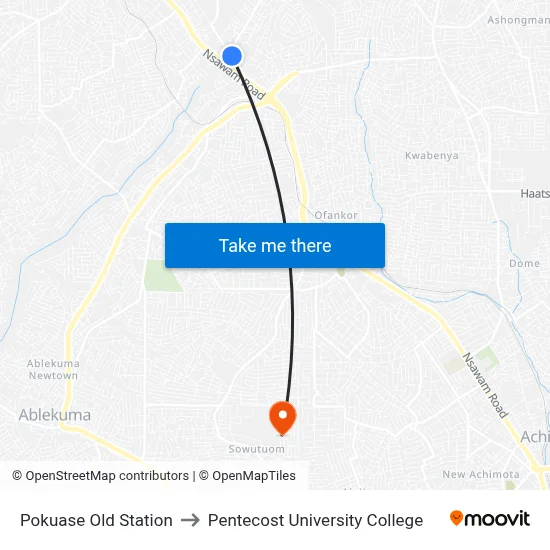 Pokuase Old Station to Pentecost University College map