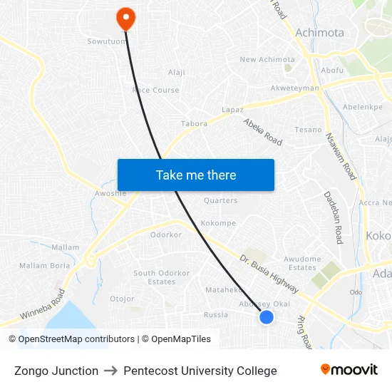 Zongo Junction to Pentecost University College map