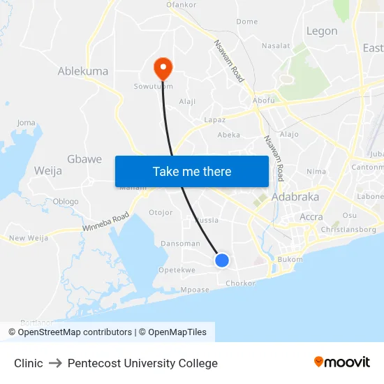 Clinic to Pentecost University College map