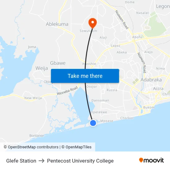 Glefe Station to Pentecost University College map
