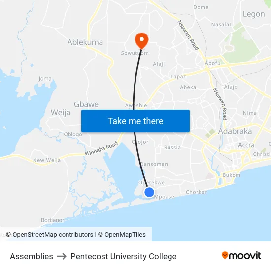 Assemblies to Pentecost University College map