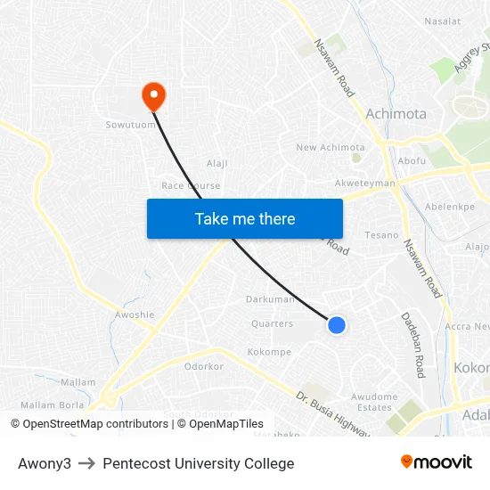 Awony3 to Pentecost University College map